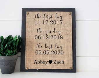 personalized wedding gift, the first day, the best day, the yes day, burlap and wood sign, farmhouse decor, anniversary gift for couple