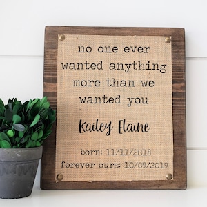 Adoption Gift, Adoption Sign, Personalized Adoption Sign, Wood and Burlap