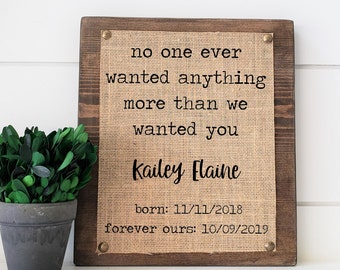 Adoption Gift, Adoption Sign, Personalized Adoption Sign, Wood and Burlap
