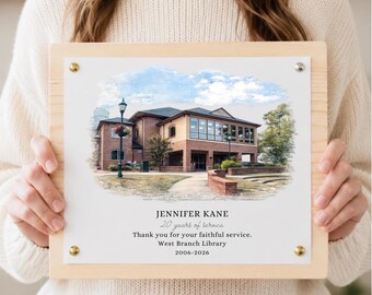 Librarian Retirement Gift, Personalized Library Watercolor Print, Custom Retirement Gift, Library Keepsake, Retirement Plaque