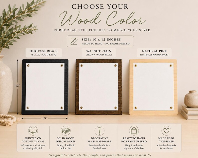 Puede incluir: Tres paneles de exhibici&oacute;n rectangulares de 10 por 12 pulgadas, cada uno con un lienzo de algod&oacute;n blanco asegurado por cuatro piezas de herrajes de lat&oacute;n. Los marcos de madera est&aacute;n disponibles en acabados Heritage Black, Walnut Stain y Natural Pine.