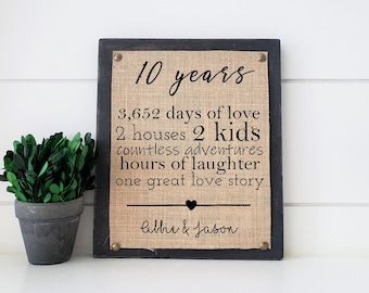 10 year anniversary gift, personalized anniversary collage print on burlap