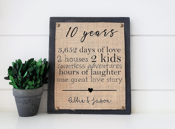 10 year anniversary gift, personalized anniversary collage print on burlap