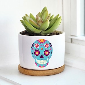 May include: White ceramic planter with a blue and pink sugar skull design. The planter has a wooden base and is filled with a green succulent plant.