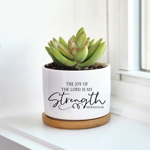 Puede incluir: Maceta de cerámica blanca con una planta suculenta y el texto "La alegría del Señor es mi fortaleza, Nehemías 8:10".