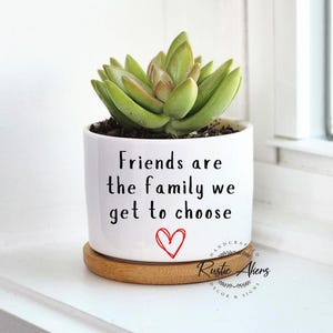 以下が含まれることがあります： 白いセラミック製のプランターに多肉植物と「Friends are the family we get to choose」というテキストと赤いハートが描かれています。プランターは木製の台座の上に置かれています。