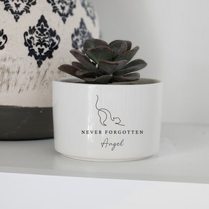 Pu&ograve; includere: Vaso in ceramica bianca con una pianta grassa. Il vaso ha un disegno a linea nera di un gatto e il testo "NEVER FORGOTTEN Angel".