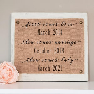 personalized pregnancy announcement, first comes love, then comes marriage, then comes baby
