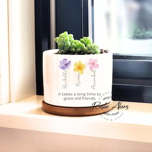 May include: White ceramic planter with a succulent plant, a wooden saucer, and floral designs. The planter has the names Rachelle, Karen, and Annabel, with the quote "it takes a long time to grow old friends."