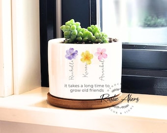 May include: White ceramic planter with a succulent plant, a wooden saucer, and floral designs. The planter has the names Rachelle, Karen, and Annabel, with the quote "it takes a long time to grow old friends."