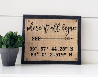 where it all began custom coordinate sign, first home gift, new home gift