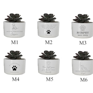 Pu&ograve; includere: Sei vasi in ceramica bianca con piante grasse. Ogni vaso ha un'iscrizione diversa, tra cui "Never Forgotten Copper", "I Loved You For Your Whole Life And I'll Miss You For The Rest Of Mine Rover", "Murphy 2011-2023", "In Loving Memory Shadow", "You Left Paw Prints On Our Hearts" e "Never Forgotten Angel".
