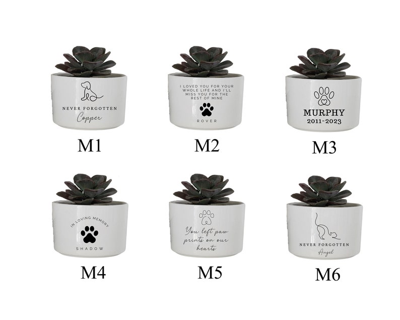 Pu&ograve; includere: Sei vasi in ceramica bianca con piante grasse. Ogni vaso ha un'iscrizione diversa, tra cui "Never Forgotten Copper", "I Loved You For Your Whole Life And I'll Miss You For The Rest Of Mine Rover", "Murphy 2011-2023", "In Loving Memory Shadow", "You Left Paw Prints On Our Hearts" e "Never Forgotten Angel".