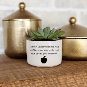 May include: White ceramic planter with a succulent plant and the text "Never underestimate the difference you made and the lives you touched." with a black apple graphic.