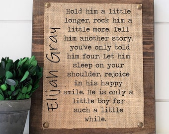 personalized baby shower gift, baby boy gift, burlap print, boy nursery decor, hold him a little longer rock him a little, baby shower decor