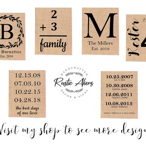 May include: A set of ten burlap signs with black text. The signs feature various designs, including family names, dates, and a party of four. The signs are perfect for a rustic wedding or home decor.