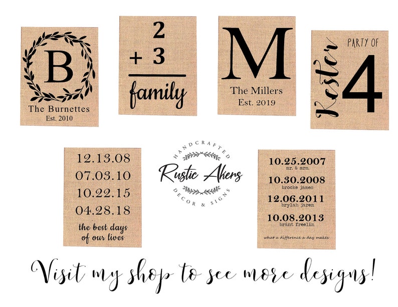 May include: A set of ten burlap signs with black text. The signs feature various designs, including family names, dates, and a party of four. The signs are perfect for a rustic wedding or home decor.