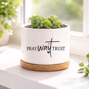 May include: A white ceramic planter with the words "PRAY WAIT TRUST" in black script. The planter holds a green succulent plant and sits on a round, natural cork base. The image is set against a bright window background.