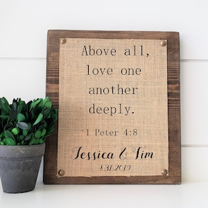 Christian wedding gift, engagement gift, personalized wedding gift, above all love one another deeply, Bible verse wall art, Bible prints