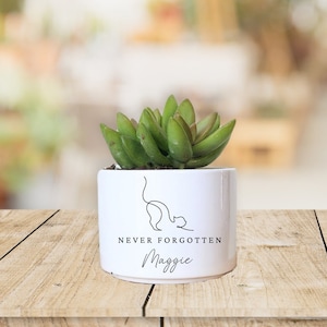 May include: White ceramic planter with a succulent plant. The planter has a black line drawing of a cat and the text "NEVER FORGOTTEN Maggie".