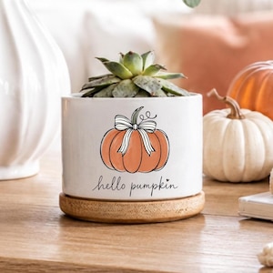 May include: A white cylindrical ceramic planter featuring a graphic of an orange pumpkin with a black and white striped bow and the text "hello pumpkin" in black script. The planter sits on a circular light-colored wooden base and holds a succulent.