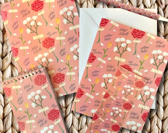 Pressed Flowers floral journal cottage core pink pattern stationery set notebook greeting card pen bookmark gift