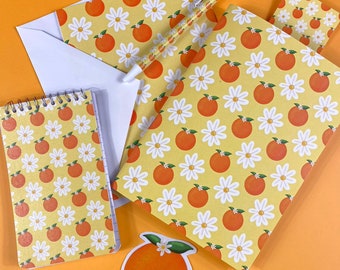 Orange Blossom fruit flowers yellow pattern stationery set notebook journal greeting card bookmark pen sticker gift