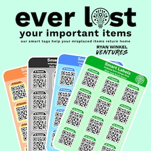 May include: Colorful smart labels with QR codes, designed to help locate lost items. The labels come in orange, gray, blue, and green, with the text "If found" and the company name "Ryan Winkel Ventures". The labels are designed to help misplaced items return home.