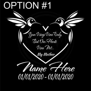 Personalized Hummingbird Heart Car Decal #3: Memorial Name & Dates