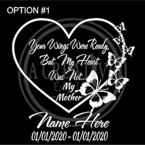 Personalized Memorial Heart Car Decal #4: Butterfly Wings, Name & Dates