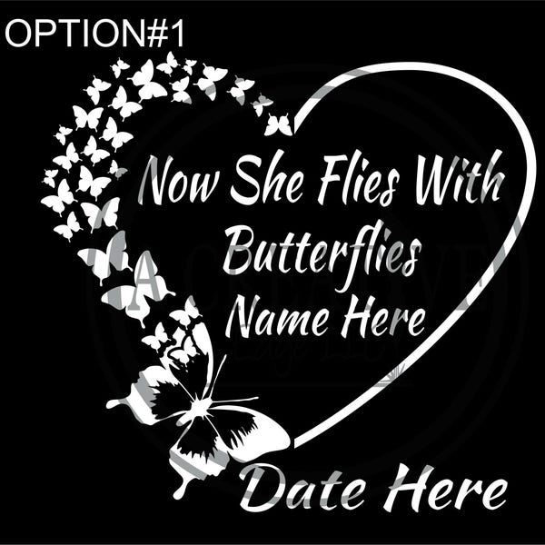 Personalized Butterfly Heart Car Decal #1- Now She Flies Memorial Name & Dates