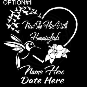 Personalized Hummingbird Heart Car Decal #2: Memorial Name & Dates