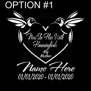 Personalized Hummingbird Heart Car Decal #3 - Memorial Name & Dates