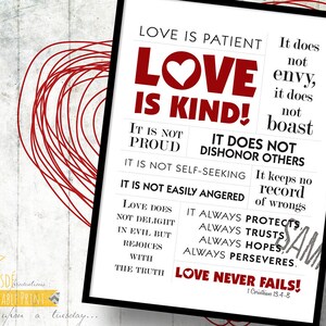 Liefde is geduldig, liefde is vriendelijk - 1 Korintiërs 13 - 11x14 "Aangepaste print - Valentijnsdag, Schrift, Bruiloft, Rood, Liefde, Kamer Decor