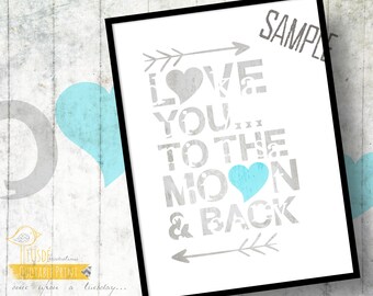 Love You to the Moon Print – Aqua Gray Nursery Decor (Digital Download)