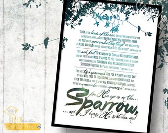 Sparrow Scripture Art Print – Matthew 6 & 10, Blue Green (Digital Download)