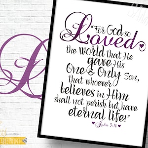 John 3:16 - 8x10&quot; PURPLE - For God So Loved The World, Print, Room Decor, Red, Scripture, Promise, Valentines Day
