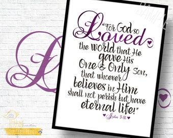 John 3:16 - 8x10" PURPLE - For God So Loved The World, Print, Room Decor, Red, Scripture, Promise, Valentines Day