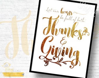 Thanks & Giving - 8x10" Quote Print - Thanksgiving, Fall, Autumn, Print, Room Decor, Gold, Full Hearts