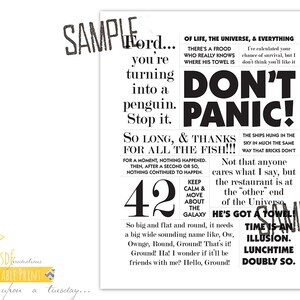 May include: Black and white printable quote art featuring the text "Don't Panic!" and "So long, and thanks for all the fish!" with a number 42 in the center. The quote is from the book "The Hitchhiker's Guide to the Galaxy" by Douglas Adams.