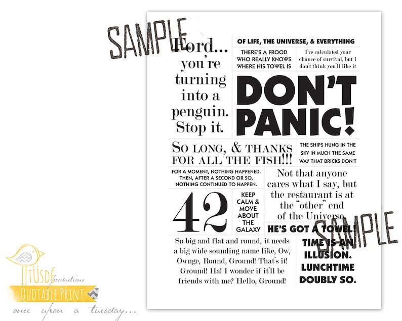 May include: Black and white printable quote art featuring the text "Don't Panic!" and "So long, and thanks for all the fish!" with a number 42 in the center. The quote is from the book "The Hitchhiker's Guide to the Galaxy" by Douglas Adams.