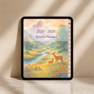 May include: A digital planner featuring a watercolour landscape design. The cover displays the text "2025-2026 Service Planner" over a scene with deer, a river, and mountains. The planner has monthly tabs along the side.