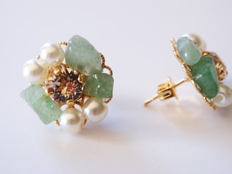 Green jade earrings, Jade clip on earrings, Green stone earrings, natural stone earrings, bridesmaid earrings, Hypoallergenic earrings, gift image 2