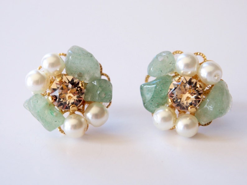 Green jade earrings, Jade clip on earrings, Green stone earrings, natural stone earrings, bridesmaid earrings, Hypoallergenic earrings, gift image 1