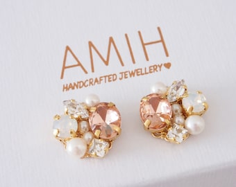 Swarovski earrings, bijou earrings, pearl cluster,  white opal earrings, bridal clip on,  Hypoallergenic earrings, bridesmaids earrings