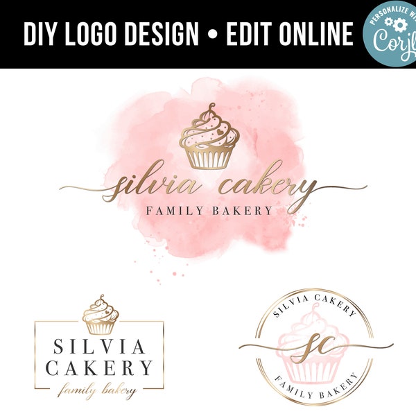 Bakery Logo, Branding Kit, Cupcake Logo, Editable Logo, Gold Logo, Sweet Desserts Logo