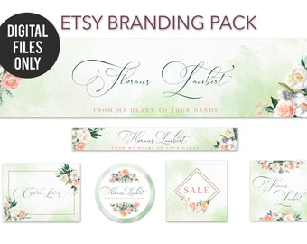 Etsy Shop set in green with Watercolor Roses, Peonies and Floral