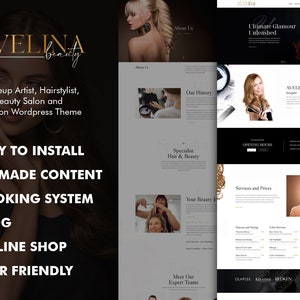 Könnte beinhalten: Website-Homepage für Avelina Beauty, ein Salon, der Make-up-Artistry, Hairstyling und Beauty-Dienstleistungen anbietet. Die Website zeigt Bilder von Models und Stylisten sowie Informationen über die Geschichte des Salons, seine Dienstleistungen und Preise.