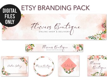 Kit de identidade visual floral para Etsy, conjunto para loja em tons de pêssego, logotipo personalizado (arquivos digitais)