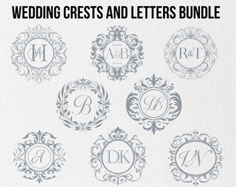 Hochzeit Monogramm Bundle, Floral Crest, Crest SVG, Hochzeit Rahmen, Hochzeit Crest, Vektor Clipart, Cricut, Vintage, Barock, Royal, PNG, SVG